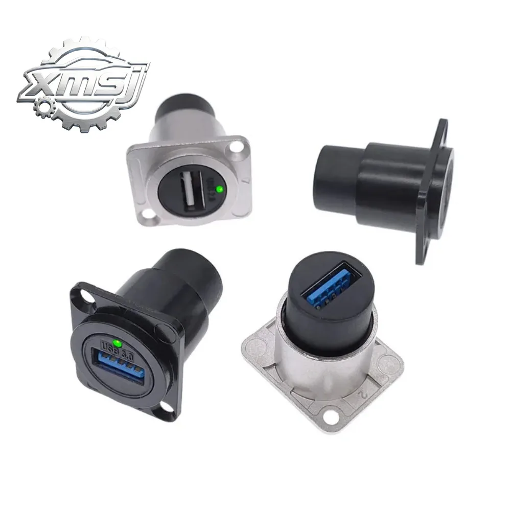 Conector USB 2,0 3,0 con luz LED, montaje en panel hembra a hembra, toma USB, color negro y plateado