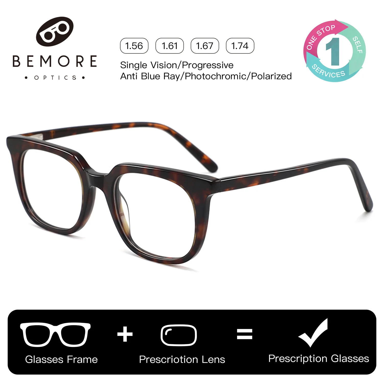 BEMORE Square Acetate Prescription Eyewear Photochromic Anti-Blue Light Male Custom Optical Lenses with Recipe Myopia Glasses