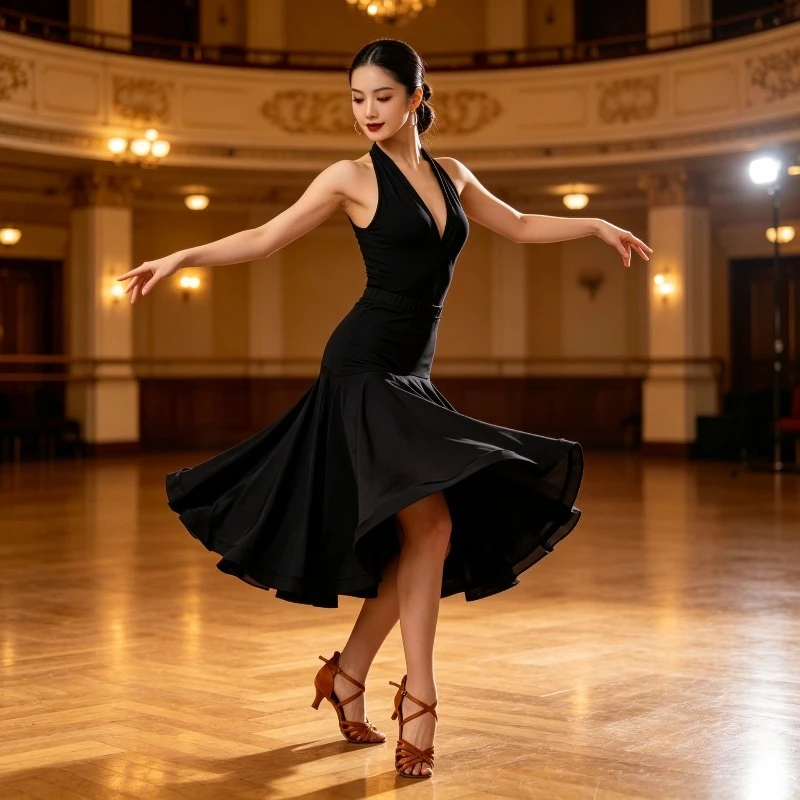 

Women Solid Color Ruffle Long Ballroom Dance Skirt Elegant Swing Modern Dance Half Skirt Practice Performance Dance Costume