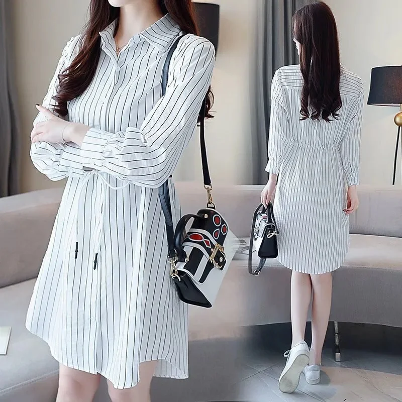 

2025 Medium Sleeves Striped Shirt Women Medium Long Shirt Skirt Spring And Summer New Waist Tie Loose Slim Shirt