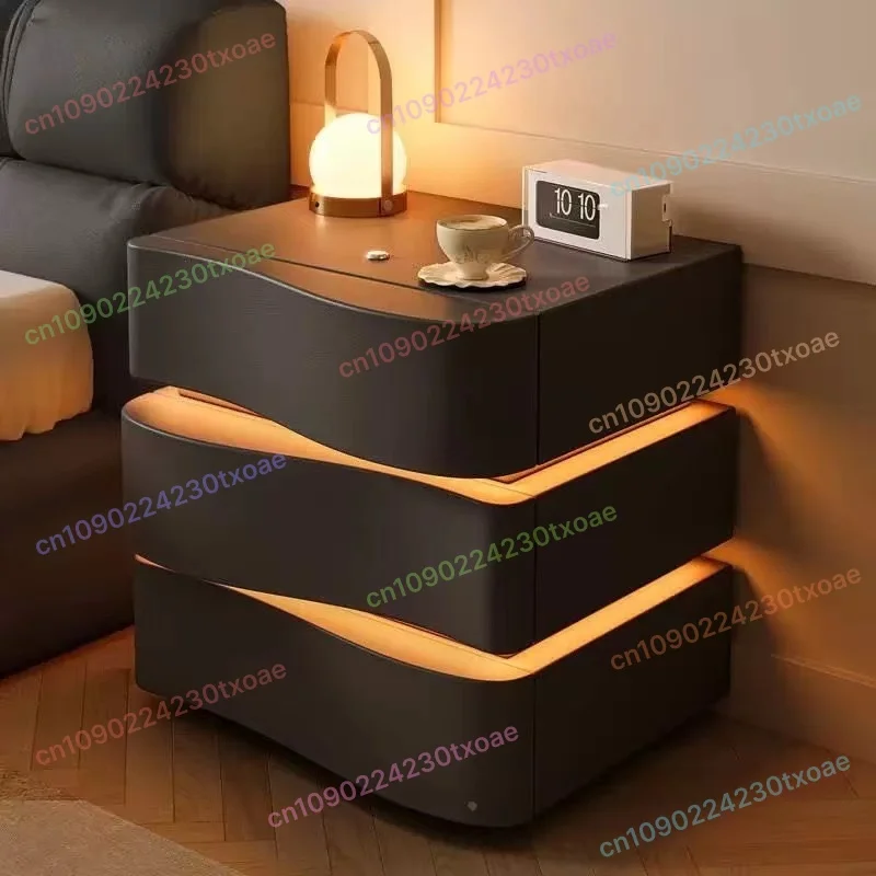 Smart Bedside Table With LED Light Wireless Charger Modern Nightstand Solid Wood Storage Cabinet Cream Color Bedroom Furniture