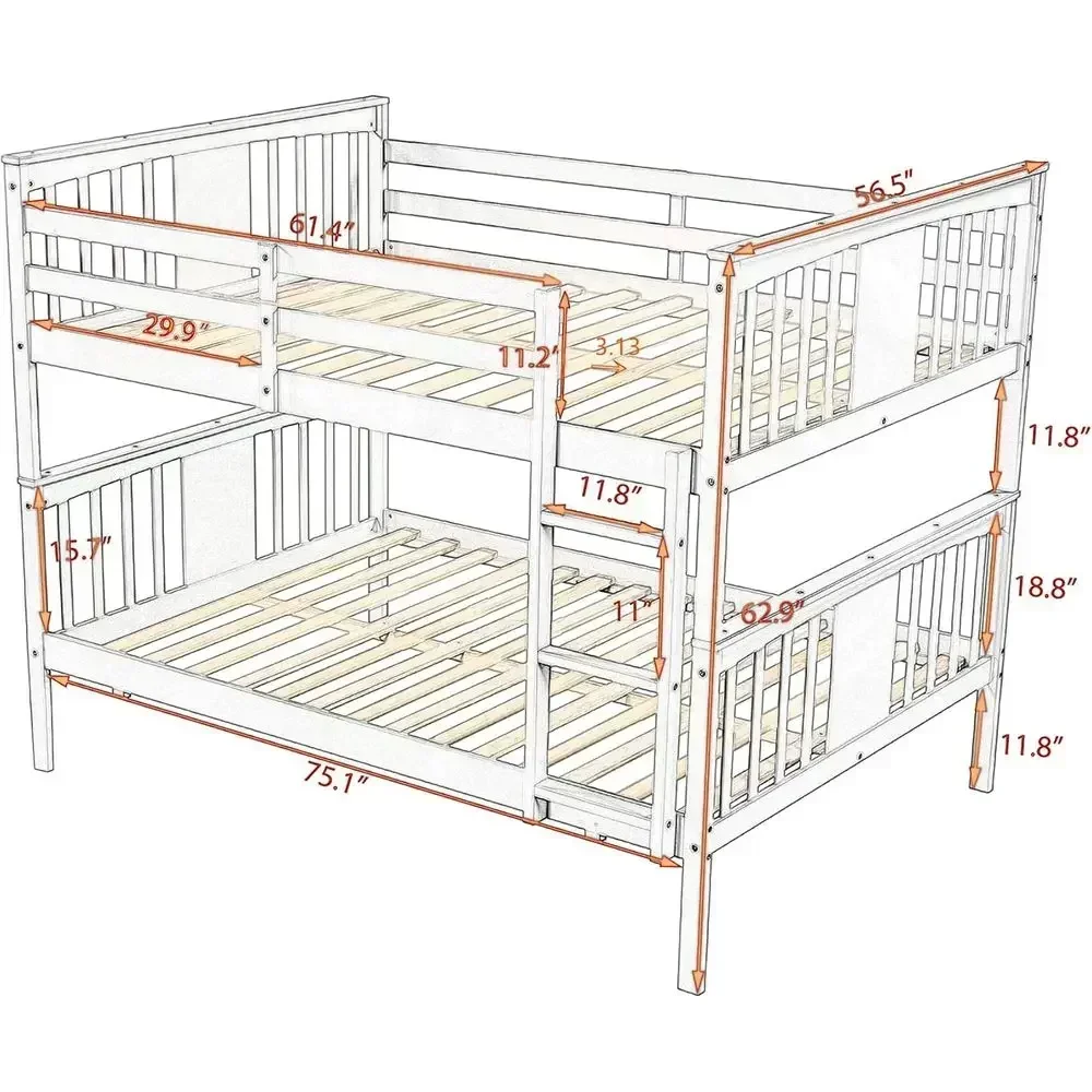 New Grey Full Over Full Bunk Beds with Ladder and High Guardrail - No Box Spring Needed