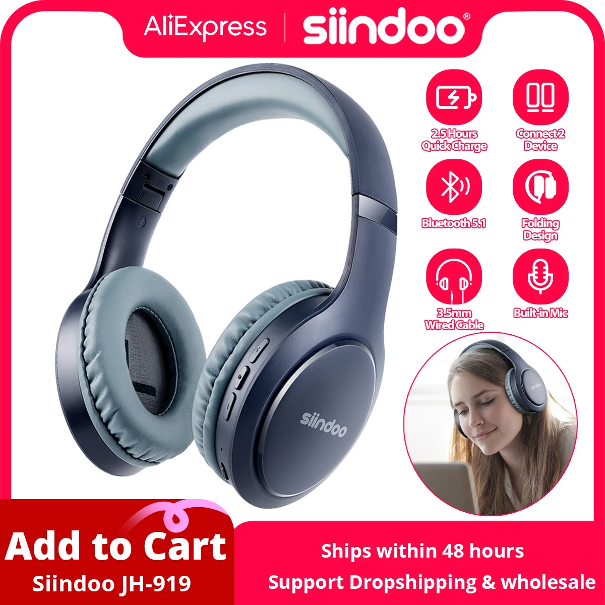 Siindoo Blue Wireless Bluetooth Headphones With Mic Foldable Stereo Earphones Super Bass Noise Canceling Over Ear Headset