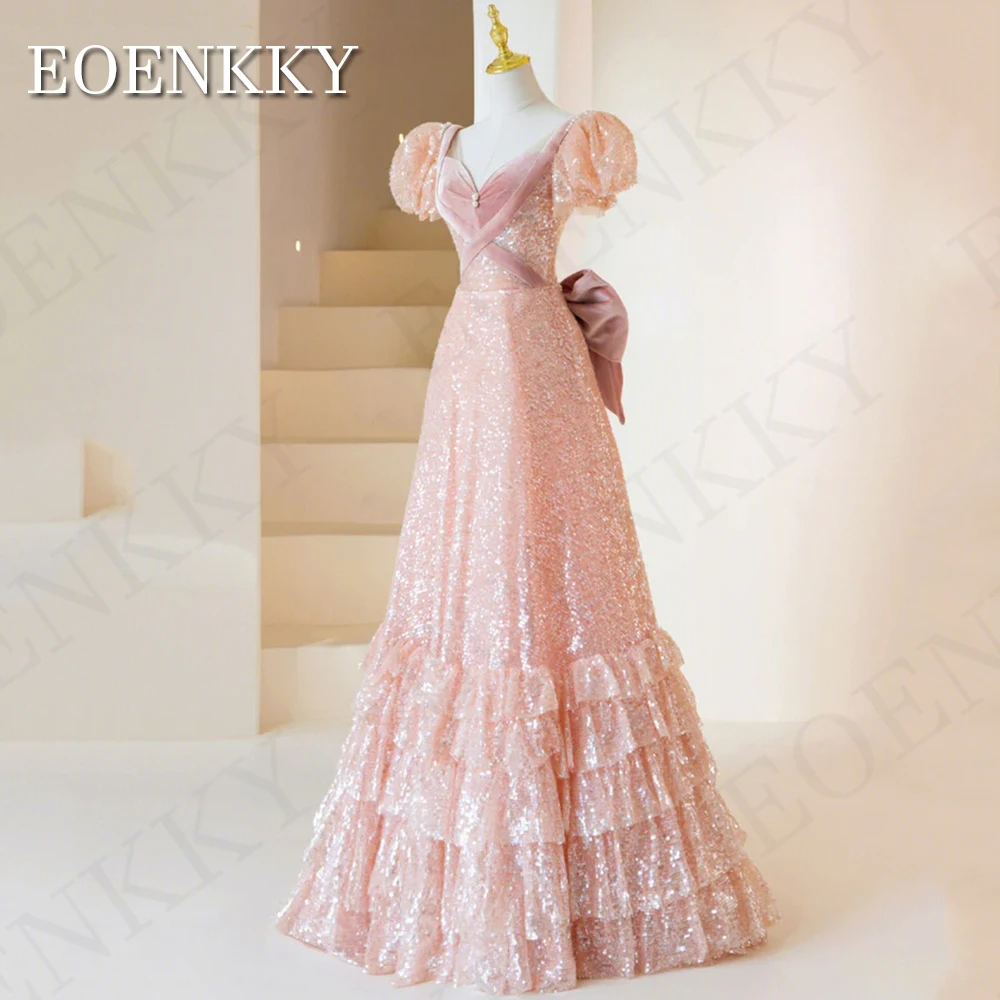 Vestido de graduación rosa con lentejuelas, mangas abullonadas brillantes de lujo, vestidos formales para ocasiones, vestidos para eventos, cuello en V, vestidos escalonados de fiesta, largo hasta el suelo Vestido de f