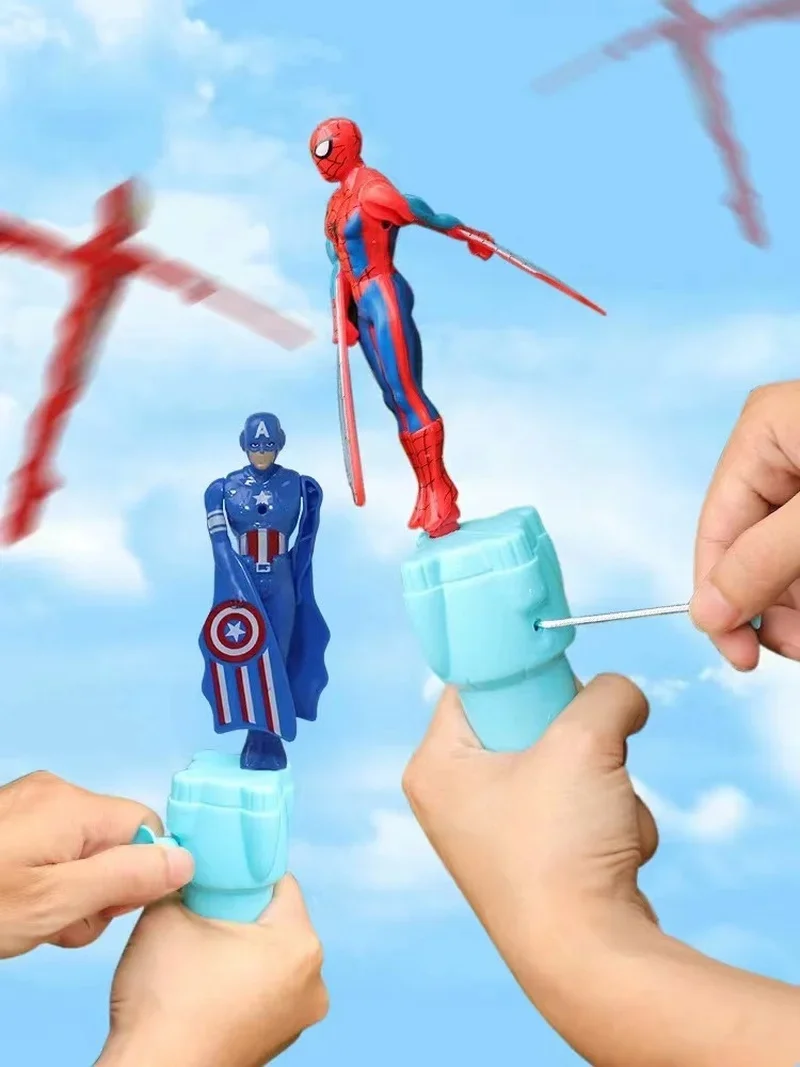 Anime Spiderman Bamboo Dragonfly Flying Toy Iron Man Captain Rotating String Flying Toys Outdoor Toy for Boys Children Gift