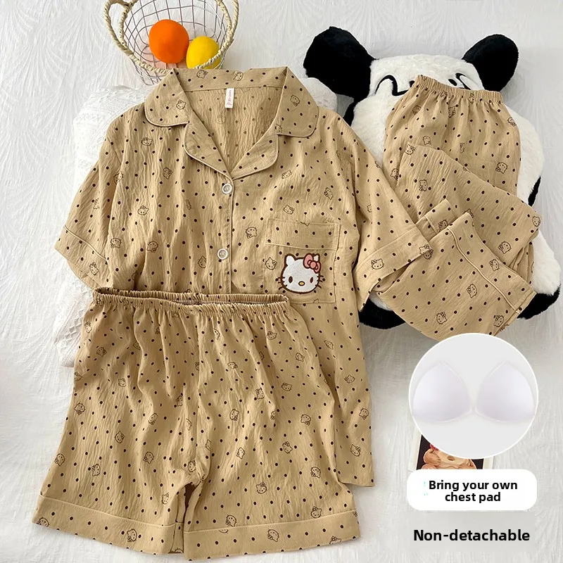 Летние женские пижамы Hello Kitty с милыми лацканами и рисунком для девочек, домашняя одежда