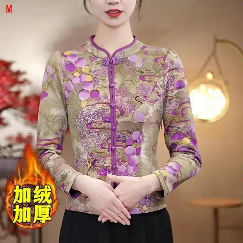 

High-end Temperament Printed Autumn and Winter New Fashion Retro Long-sleeved Shirt Plus Velvet Thickened