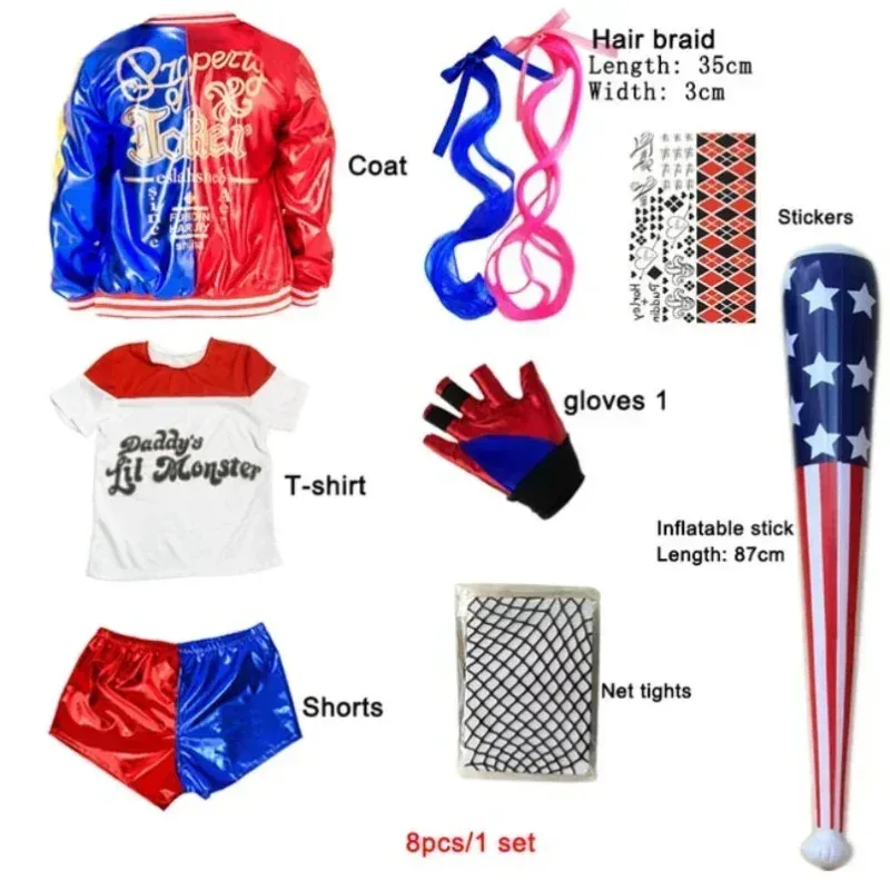 Carnaval enfants filles Suicide Harley Cosplay Costumes Squad Quinn monstre Joker veste costume tatouage autocollants pantalon ensemble