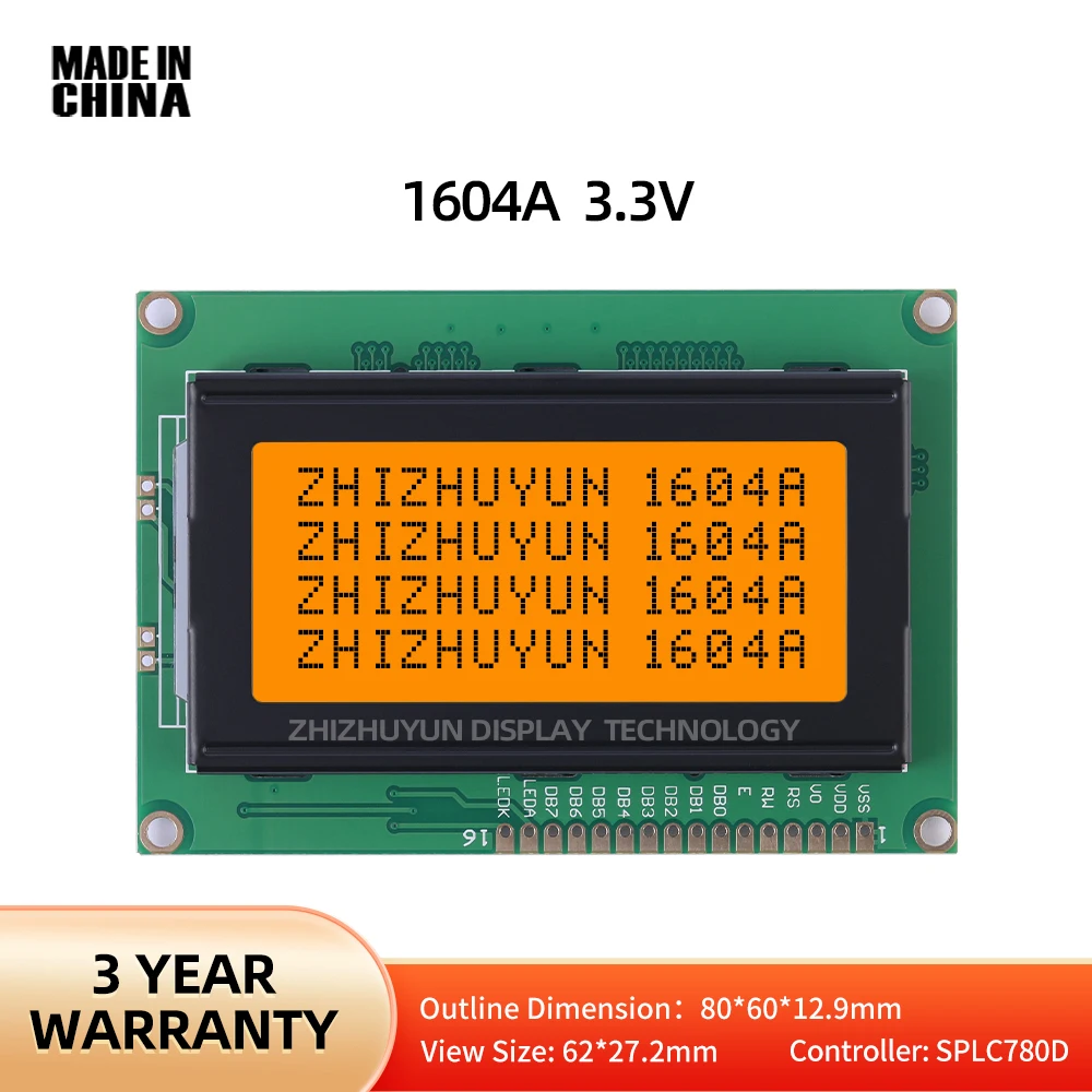 

Controller SPLC780D High Brightness LCD Screen 1604A Character Screen Orange Light Black Characters Amber Voltage 3.3V