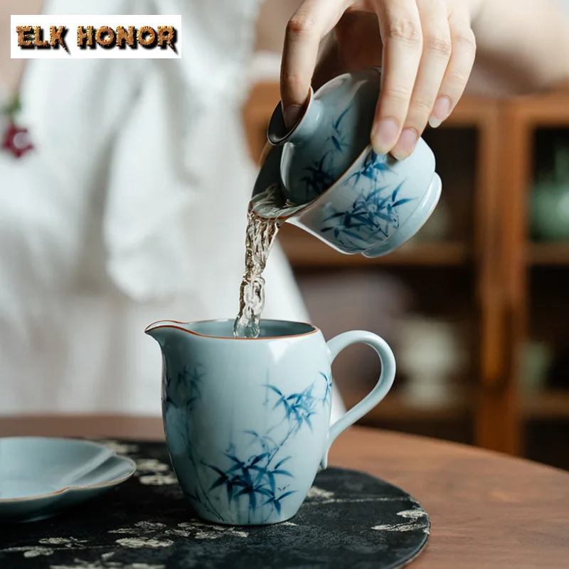 130ml Ru Kiln Hand-painted Blue Bamboo Gaiwan Creative Tea Tureen Tea Bowl With Lid Kit Tea Maker Cover Bowl Teaware Decoration