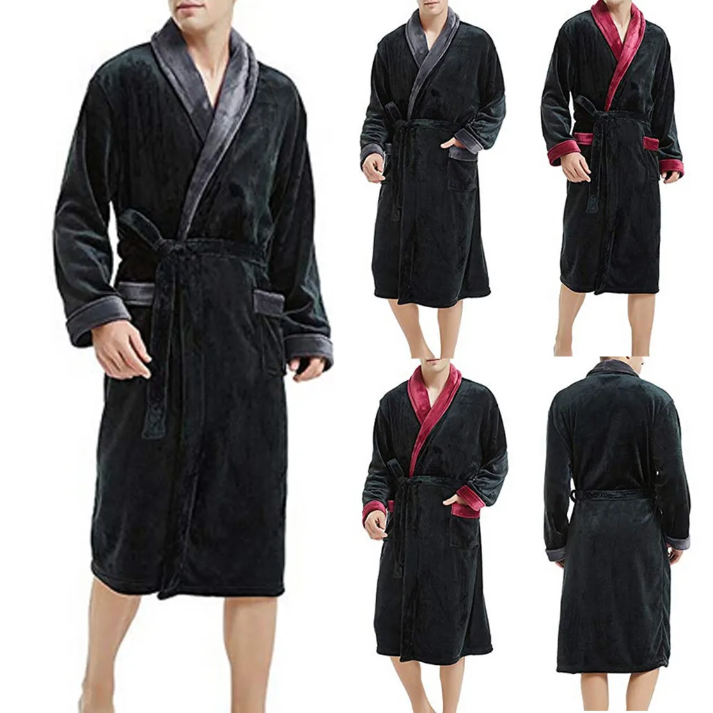 2024 Winter Men\'s Bathrobe Solid Color Belt Flannel Hooded Bath Robe Pockets Warm Men Nightgown Home Gown Sleepwear Men Clothing