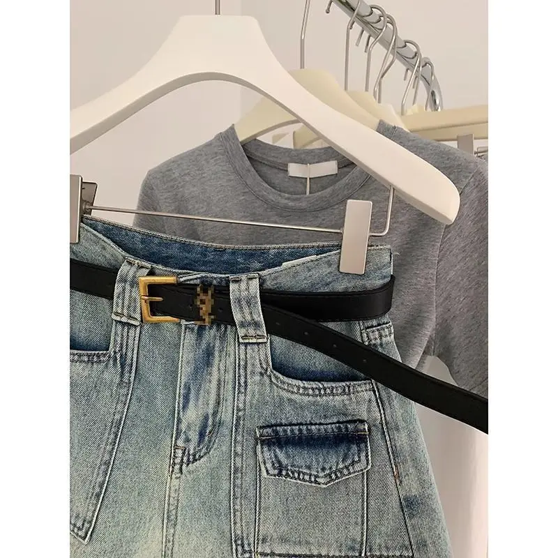 Retro Design Pocket Denim Shorts for Women in Summer New High Waist Loose a Line Wide-leg Hot Pants