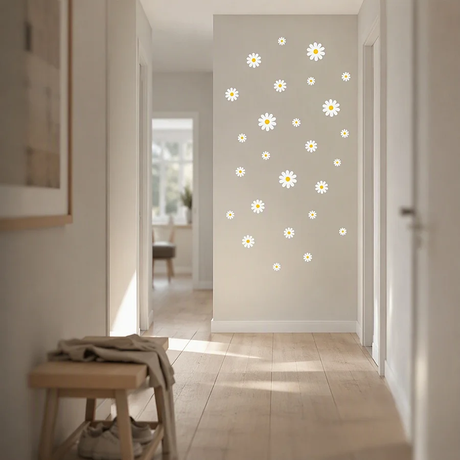 14/34pcs Bohemian Daisy Wall Stickers, PVC Self-Adhesive Floral Decor for Bedroom Living Room Background Wall