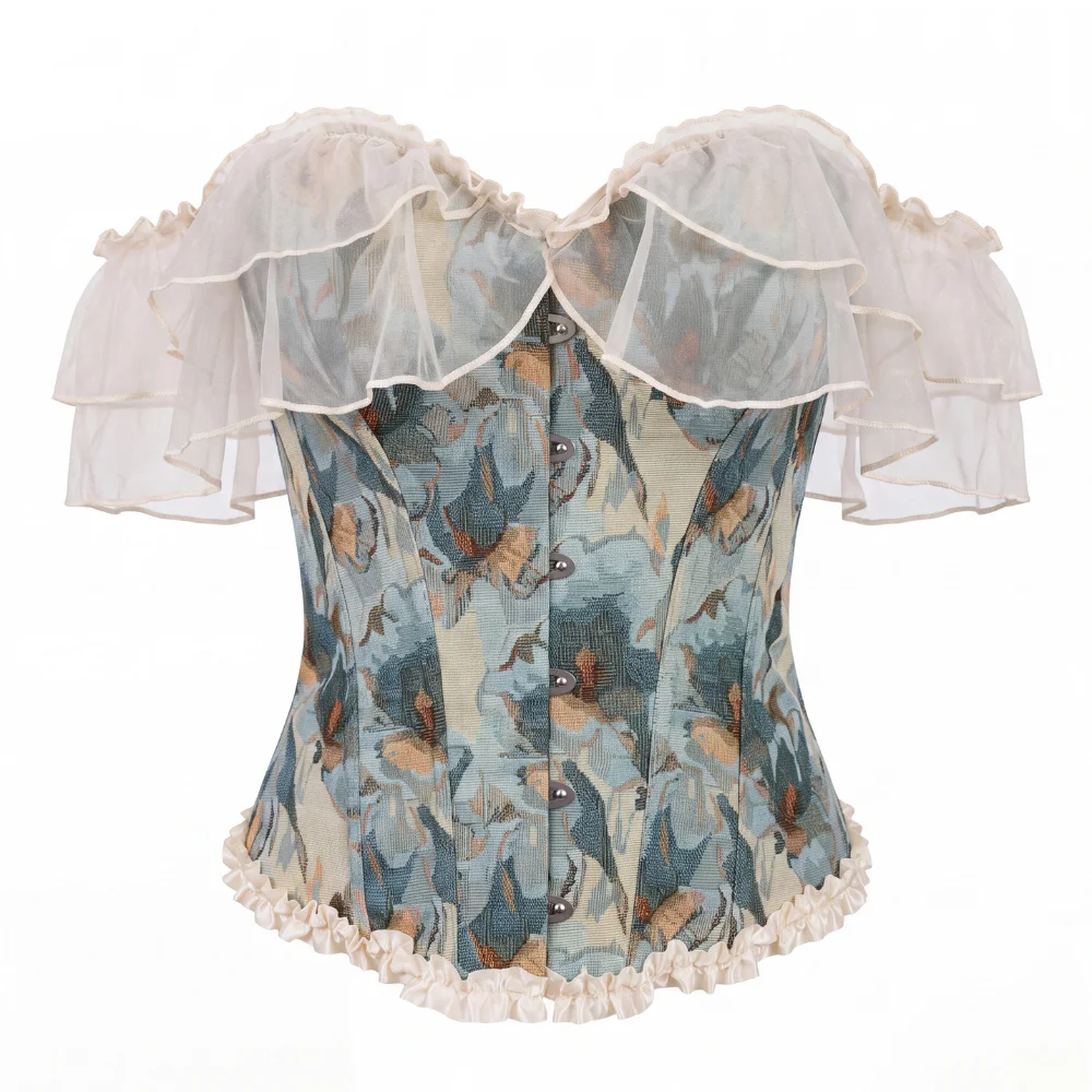 Women Victorian Vintage Floral Tapestry Off-Shoulder Tulle Ruffle Sleeve Boned Bustier Corset Top For Wedding Date Party