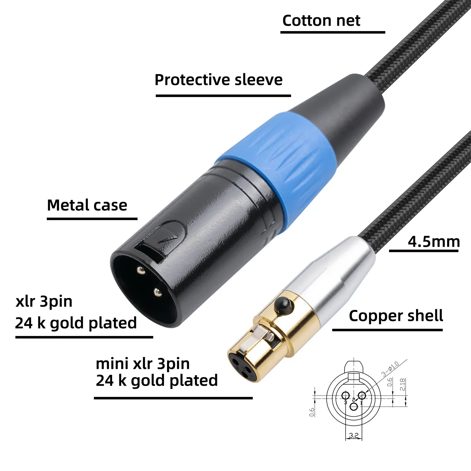 24AWG bi-directional Casing Mini XLR 3Pin Female To 3 Pin XLR Femal Audio Cable For Microphone Cameras Audio Line adapter Cable