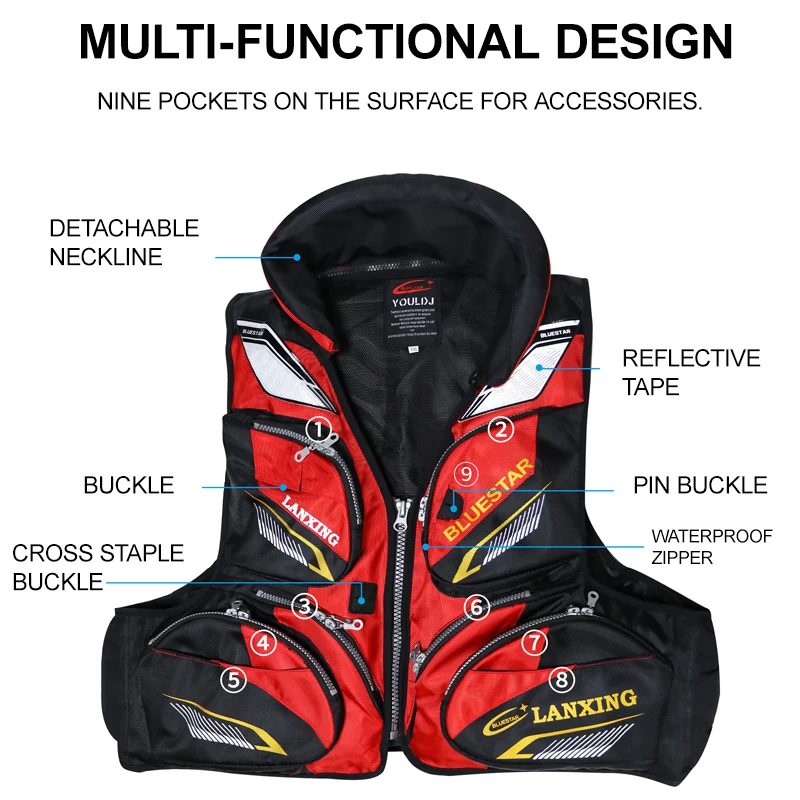 ZYZ Men Rock Fishing Jacket J45 Multi-function Buoyancy Vest Buoyancy Greater than 7.5kg Outdoors Sports Boating Fishing Clothes