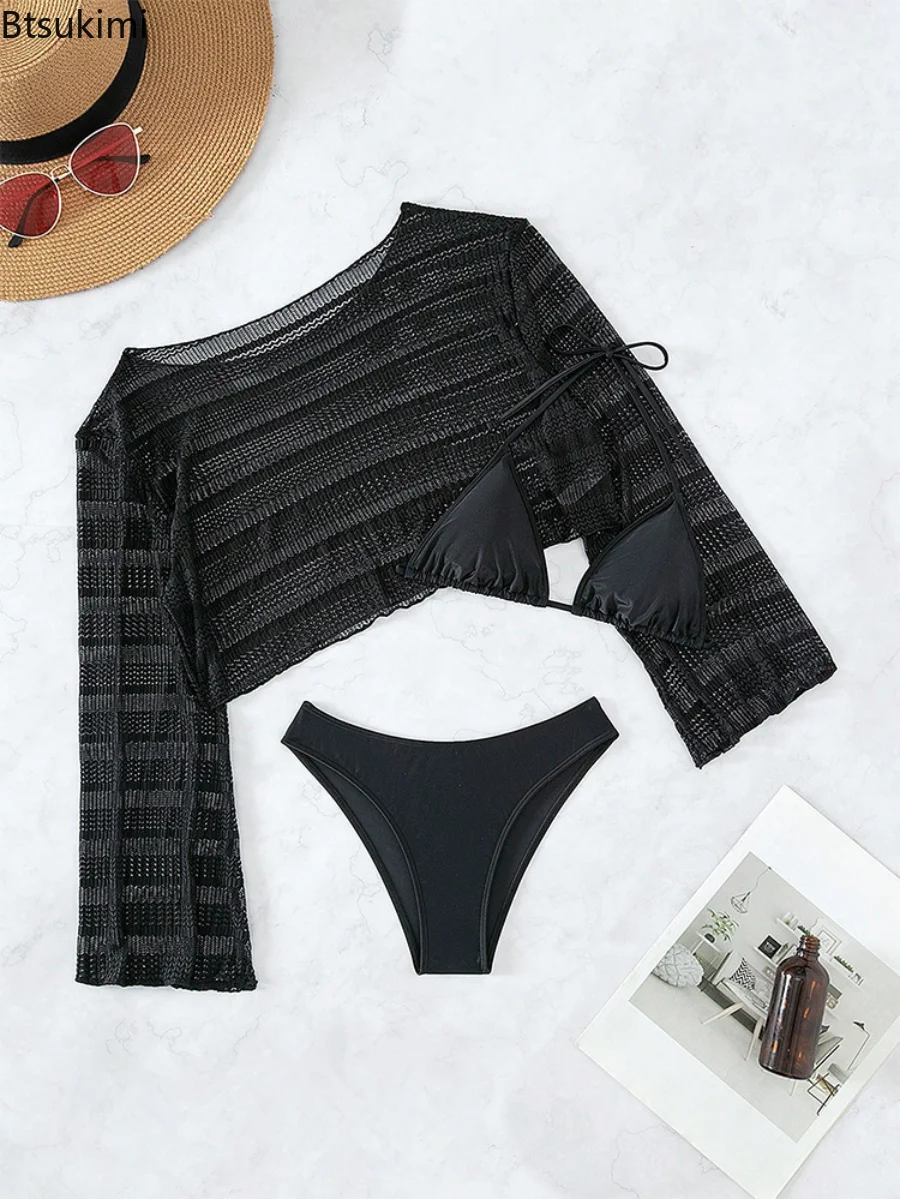 Long Sleeve 3 Piece Swimsuit High Cut Solid Cover Up Push Up Bikini Separate Sports Sexy Halter Bathing Suit Thong Swimwear 2025