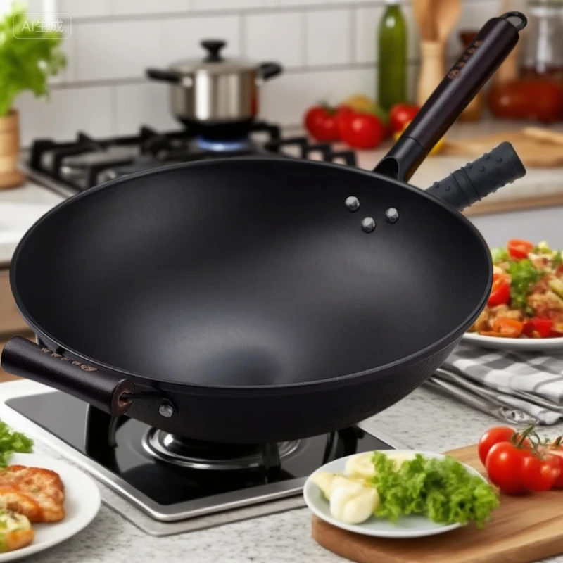 

Luchuan Iron Pot - Household Round Bottom Uncoated Non-stick Cast Iron Wok, Old Style Flat Bottom Stir-fry Pan