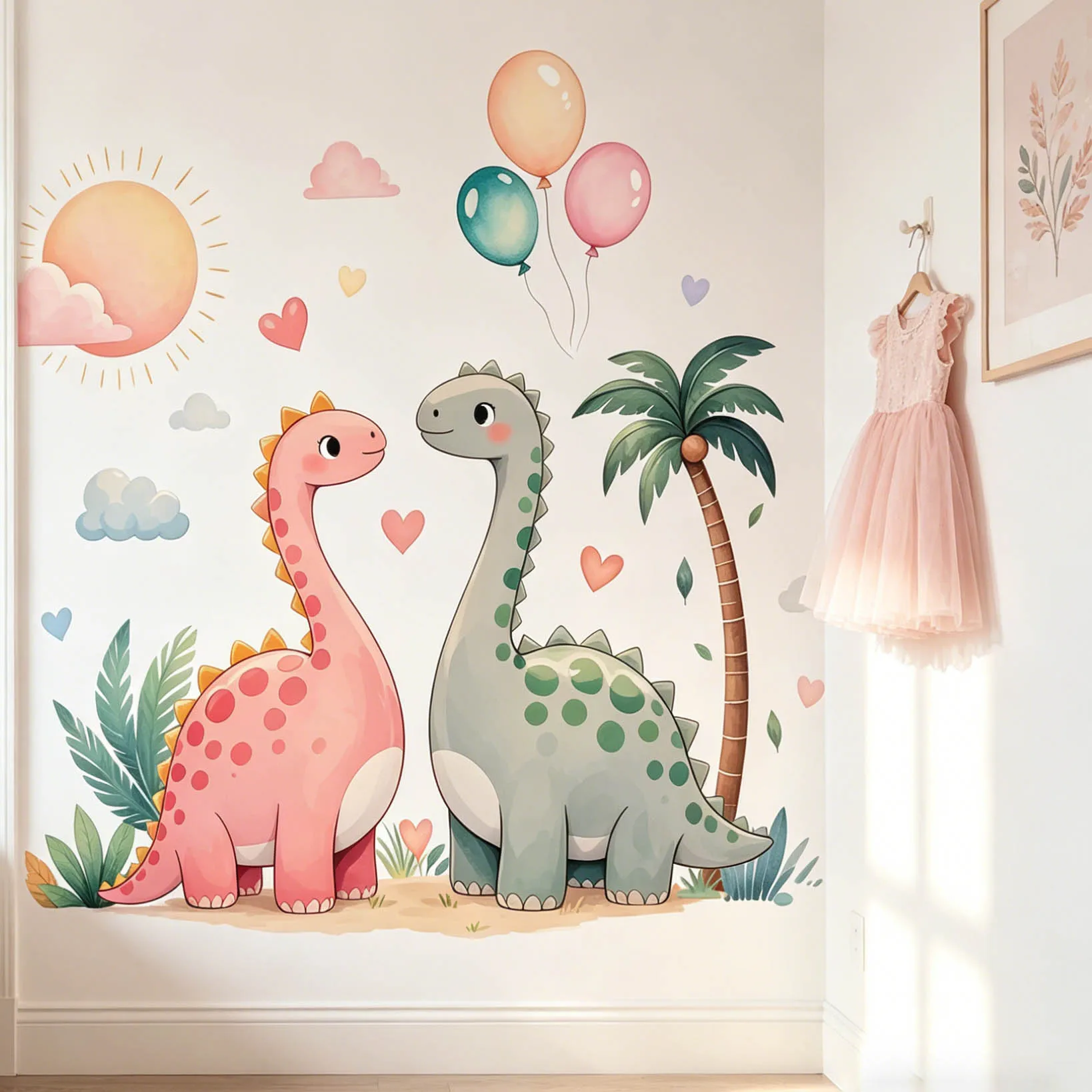 Kreativer, niedlicher Dinosaurier-Ballon, Blumen-, Sonnen-Wandaufkleber, Schlafzimmer, Kinderzimmer, Hintergrunddekoration, abnehmbarer Aufkleber.