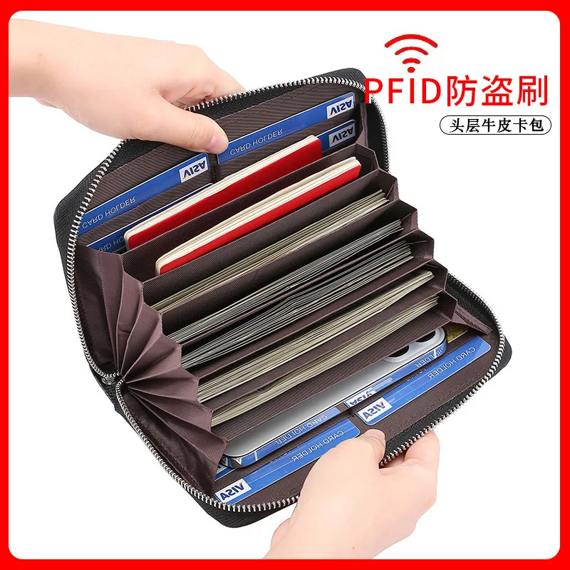 Slots Credit Card Holder Wallet RFID Blocking Slim long Genuine Leather Card Organizer Zipper Pocket ID Card Pouch Coin Purse