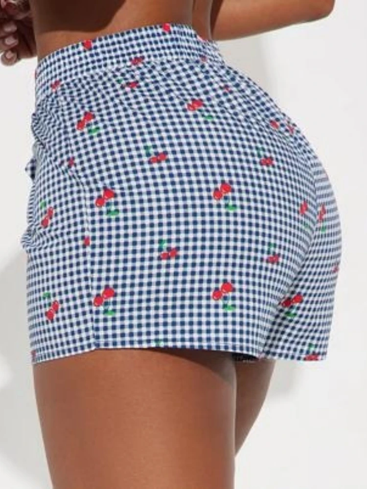 الكرز منقوشة الغنيمة السراويل للنساء الملابس أزرار مثير فتاة الشاطئ الزي عالية الخصر سراويل قصيرة Pantalones Cortos De Mujer #6