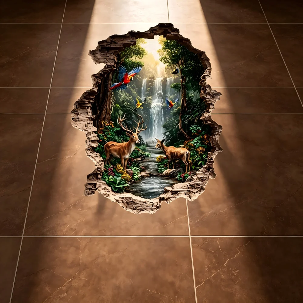 Animal World Floor Stickers, Realistic Illustrations of Nature, Shattered Effects, Animal Floor Decoration Stickers