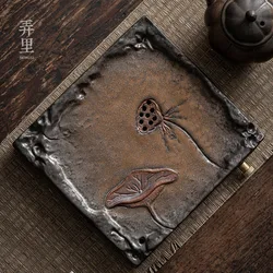 Gilding Square Pot Tray Small Tea Table Drainage Drain Antique Stoneware Tea Tray Japanese Style Base Lotus Leaf Serving Tray
