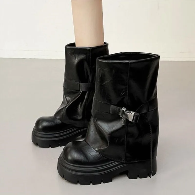 جديد امرأة الأحذية الركبة عالية منصة حذاء بكعب سميك الاتجاه الشرير القوطية روك الجلود موضة أحذية نسائية دراجة نارية الأحذية الأحذية #4