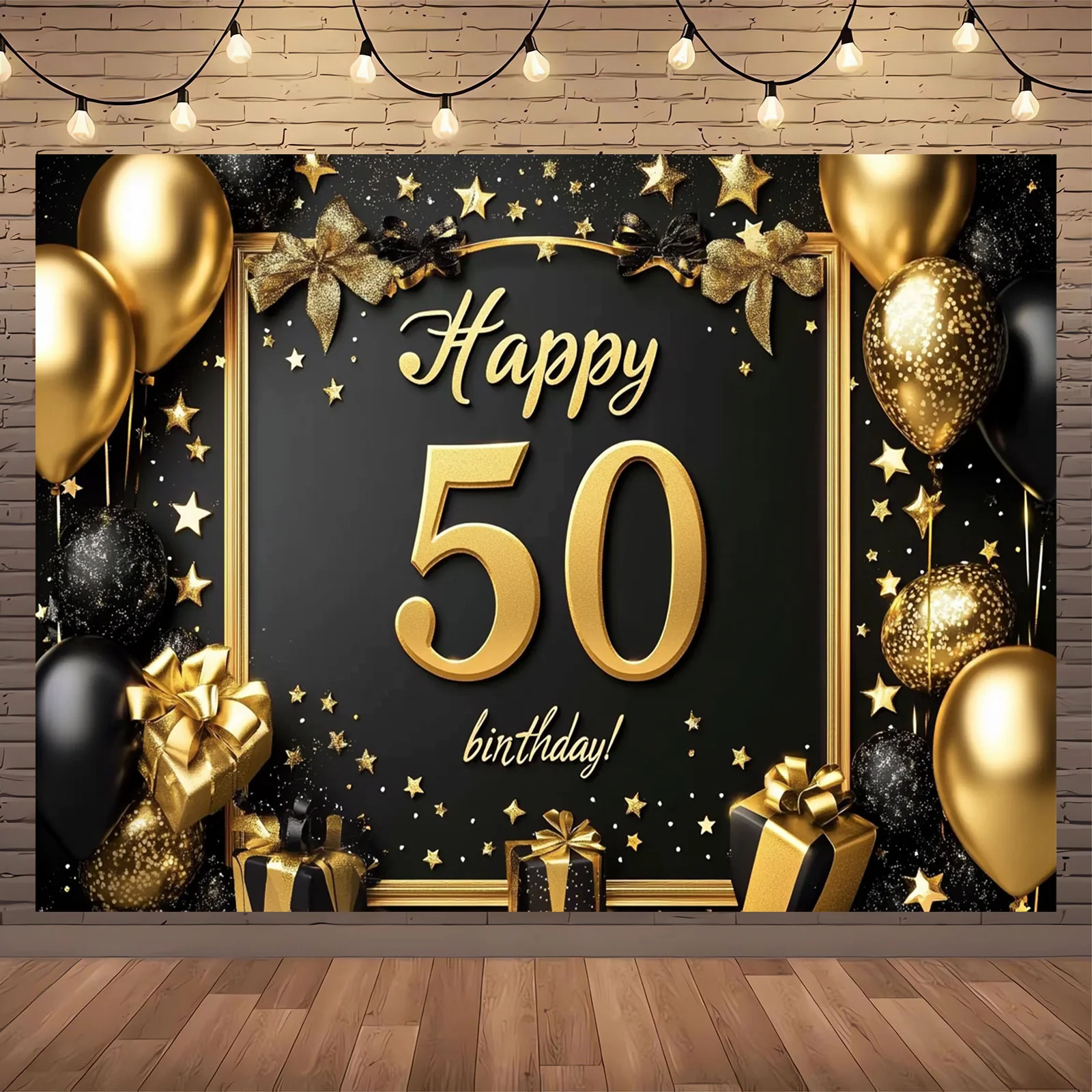 Ein Banner zum 50. Geburtstag – eleganter schwarzer und goldener Hintergrund, mit Luftballons, Geschenkboxen und Sternen, festlichen Dekorationen