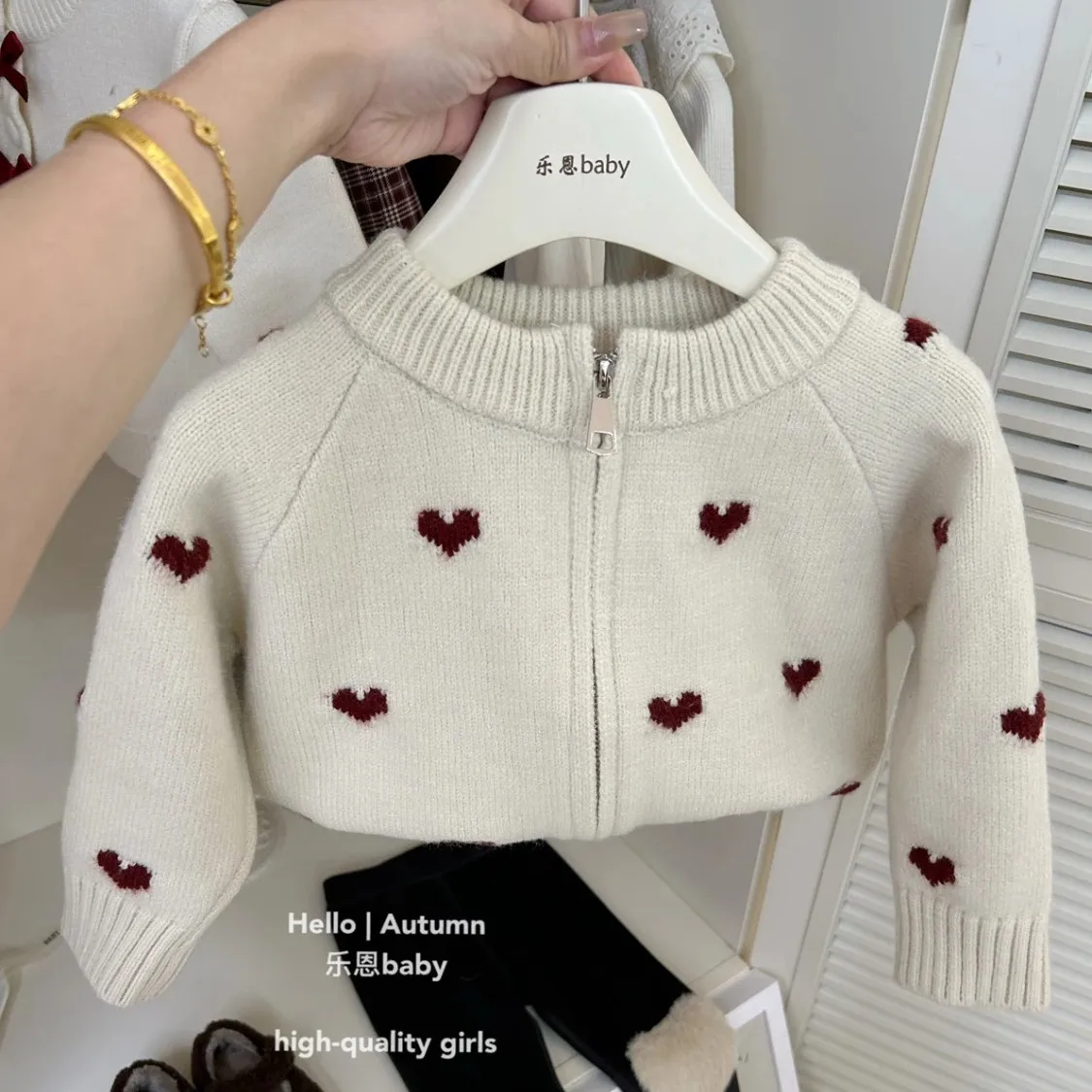 Girls' Knitted Sweater Cardigan Autumn/Winter Zipper Top Love Patterned Children's Jacket