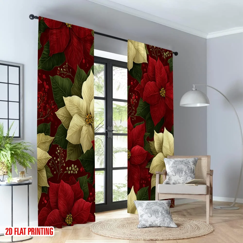2 قطعة 2D الطباعة المسطحة عيد الميلاد سعيد المشهد الستائر عيد الميلاد البونسيتة زهرة الرقمية المطبوعة البوليستر الستائر احتفالية #4