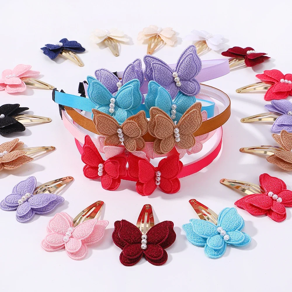 2/3 Pcs Sequins Butterfly Bows Hairbands for Girls Hair Ties Set Pearls Snap Clips Headband Kids Headwear Gifts Hair Accessories