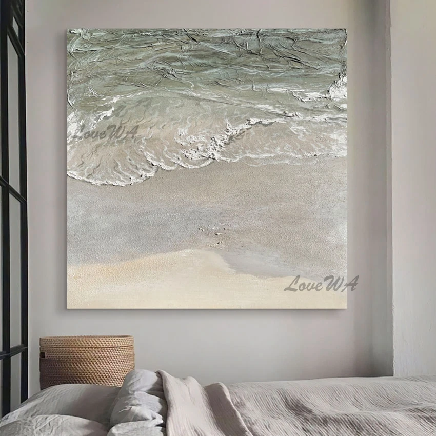 Knife Heavy Thick Acrylic Oil Painting, Unframed Handmade Abstract Sea Wave Wall Picture, Canvas Art, For Hotel Room Decoration