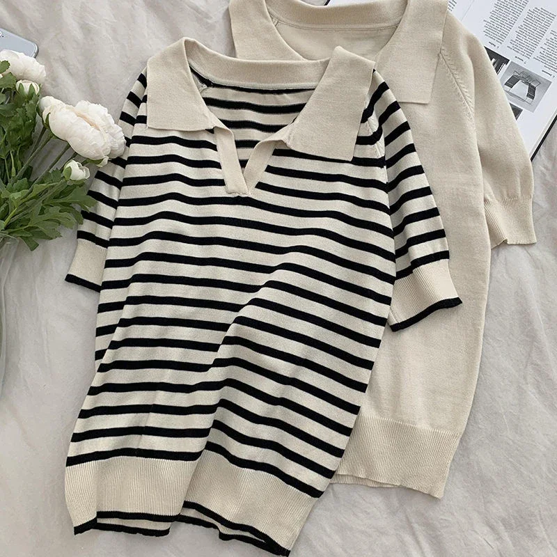 Women Sweater Striped Polo Collar Sweater Simple Lapel Soft Slim Fit Summer Short Sleeve Jumper Knitted Sweater Oversized