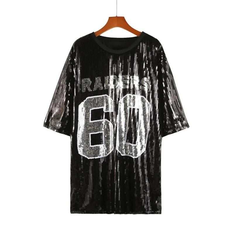 Summer New Loose Digit Letter Streetwear Black T-Shirt Sequins Hip Hop Short Sleeve Straight Fashion Round Neck Women\'s Tops