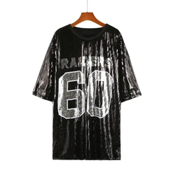 Summer New Loose Digit Letter Streetwear Black T-Shirt Sequins Hip Hop Short Sleeve Straight Fashion Round Neck Women's Tops