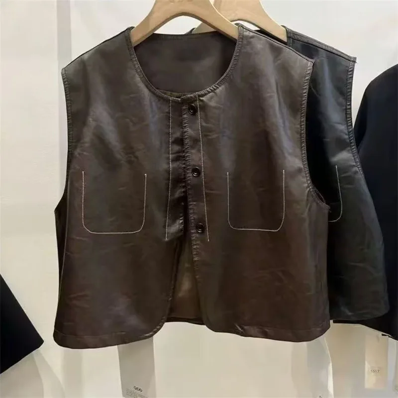 

Модный укороченный жилет из искусственной кожи с пуговицами, весна-осень 2026, женский, Colete Feminino, топы