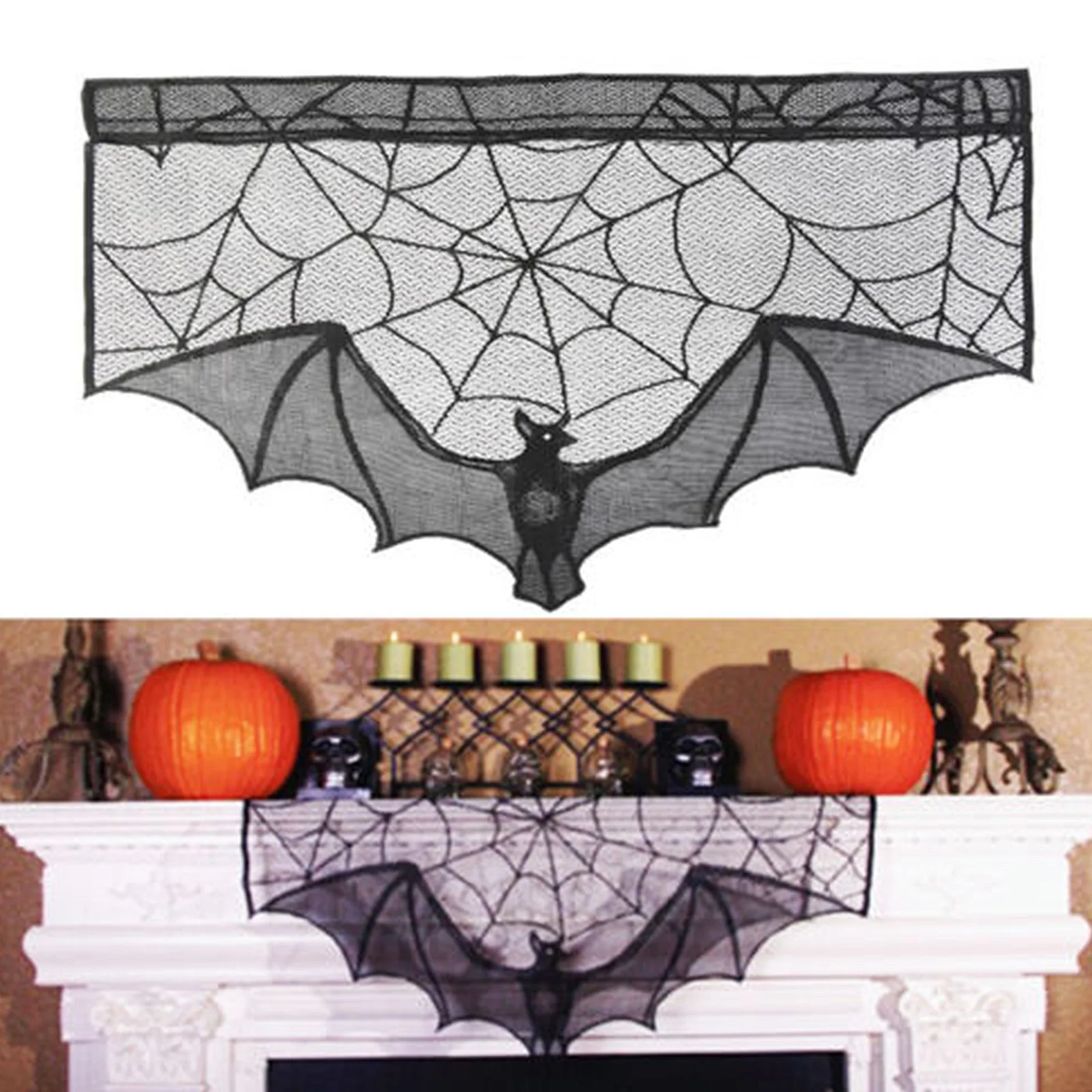 Scary Halloween Decorations, Black Lace Cobwebs, Bats, Mantel, Scarf Covers, Hearthcloths, Spooky Party Supplies, 1 Piece