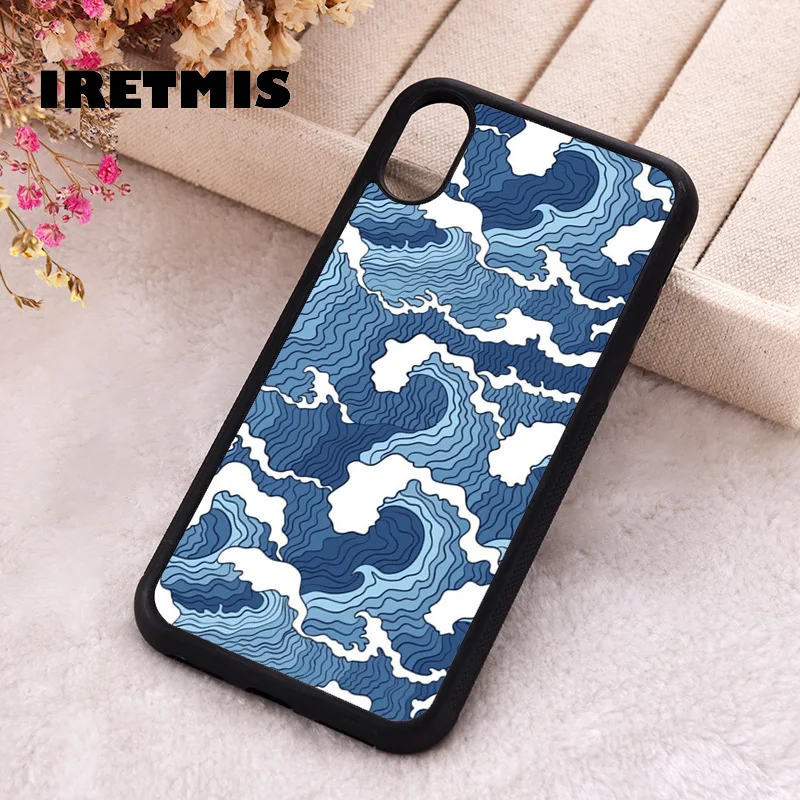 Iretmis Phone Cover Case For iPhone X XS Max XR 11 12 13 PRO MINI 14 15 16 Plus Rubber Silicone TPU Blue Waves