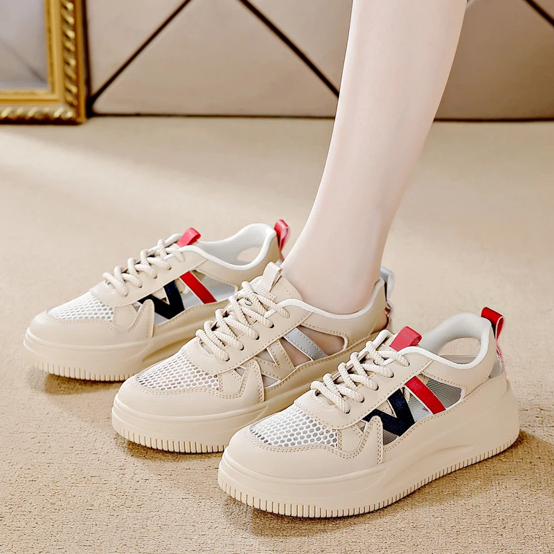2025 New Summer Women's Shoes Hollow Breathable Comfortable Non-slip Thick Sole Flat Casual Shoes Outdoor Casual Sports Shoes