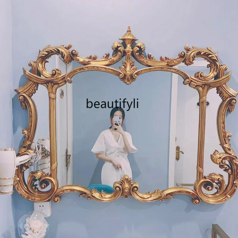 cqyFrench retro carved bathroom mirror wall-mounted washstand vanity mirror special-shaped porch decorative mirror
