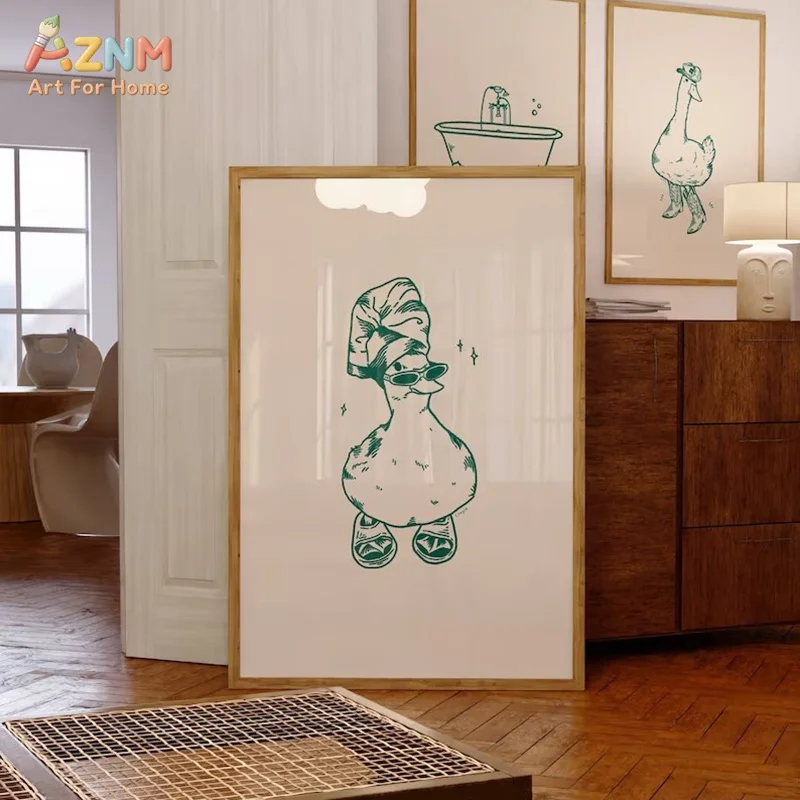 AZNM Funny Cool Duck Bath Sketch Green Line Art Canvas Wall Art Print Decor