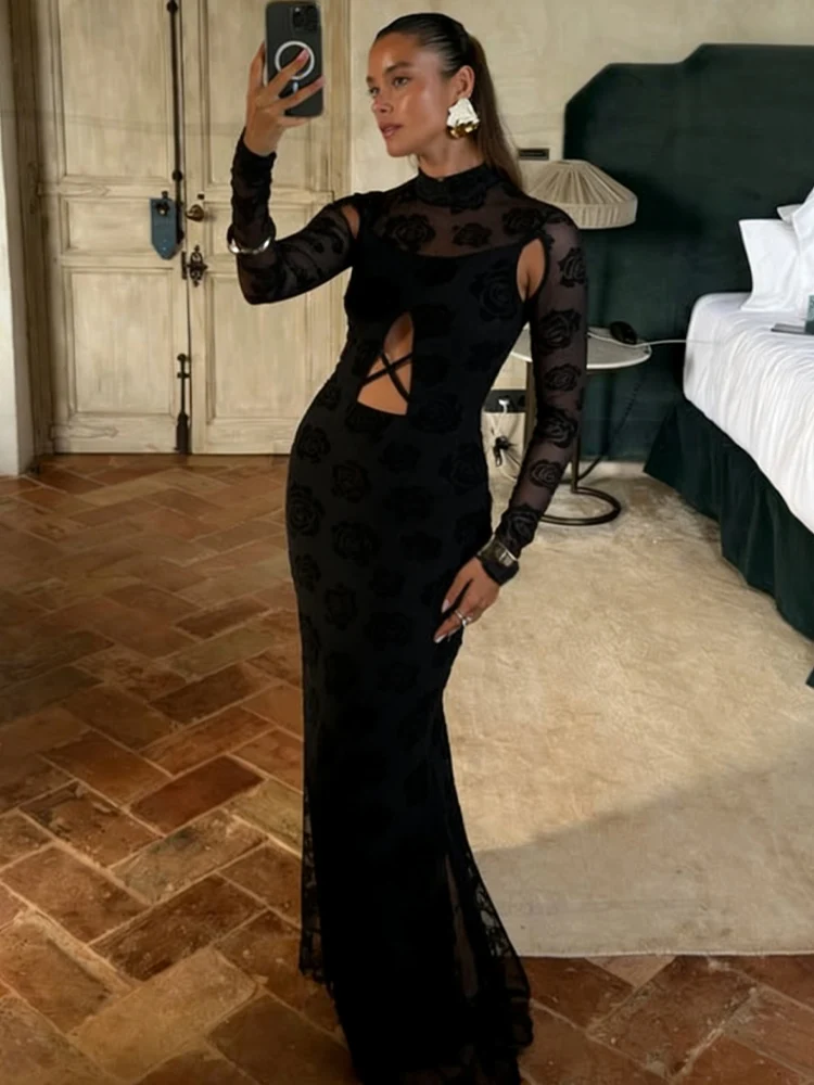 Estranho gato elegante oco vestido feminino apliques retalhos dupla camada meia gola alta noite namoro estiramento magro maxi bodycon