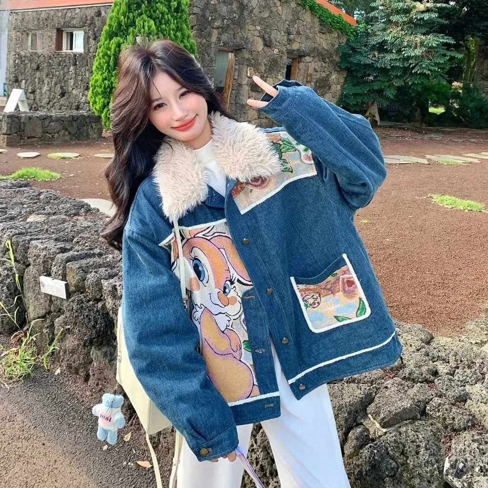 Veste en jean doublée de fourrure de lapin coréenne bleue, nouvelle collection automne-hiver 2026, dessin animé, anti-âge, épaisse, en polaire