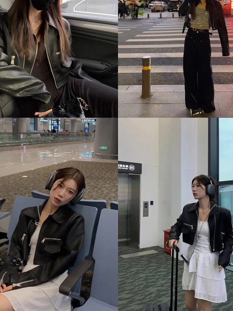 Retro americano bla motocicleta couro do plutônio jaet feminino cintura alta ort sle primavera outono doce e picante na moda