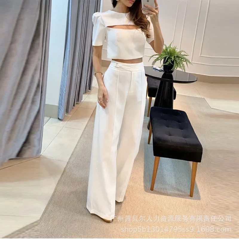 Temperament New Arrivals Design Spring Summer Women's Solid Color Short-Sleeved Chest Hollow Top Wide-Leg Straight Pants 2-Pie