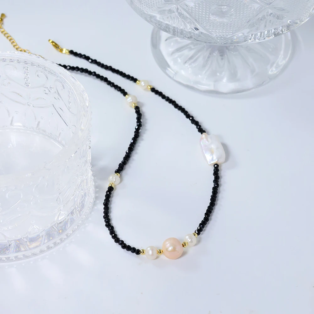 Natural Freshwater Pearl Obsidian Bead Necklace Korean Women's Luxury Jewelry Fashion Women's and Girls' Gifts GN0600