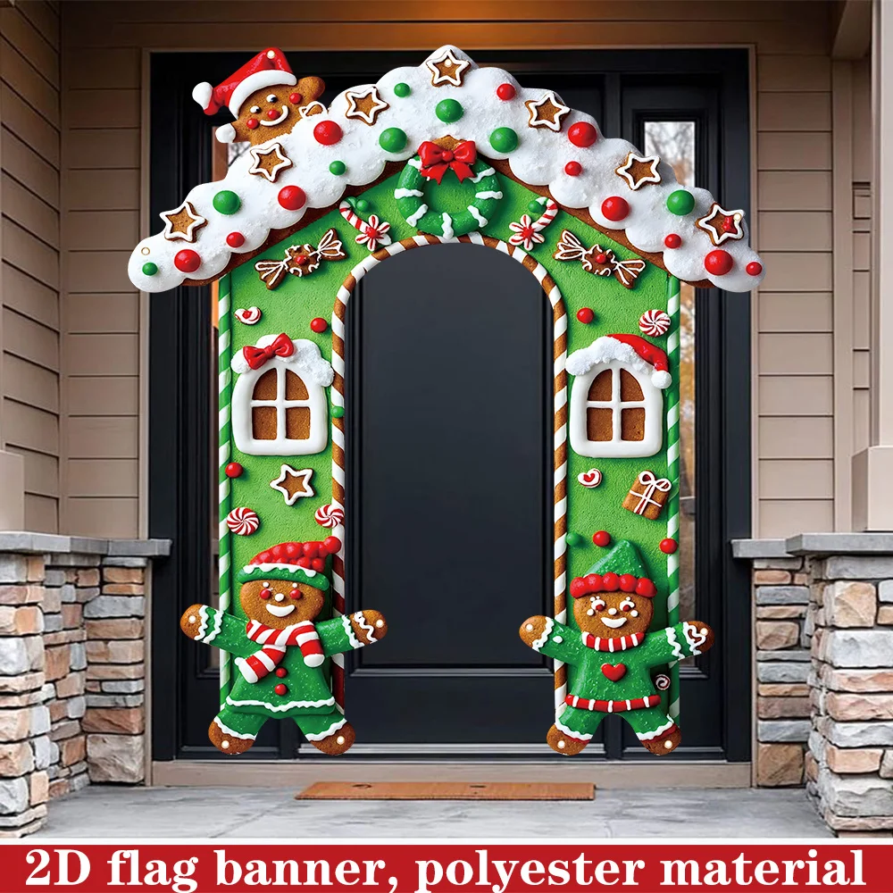 

2D FLAT 1 pc Gingerbread House Outdoor Banner, Green Christmas Gingerbread House Door Banner, Polyester Fabric Photo Backdrop