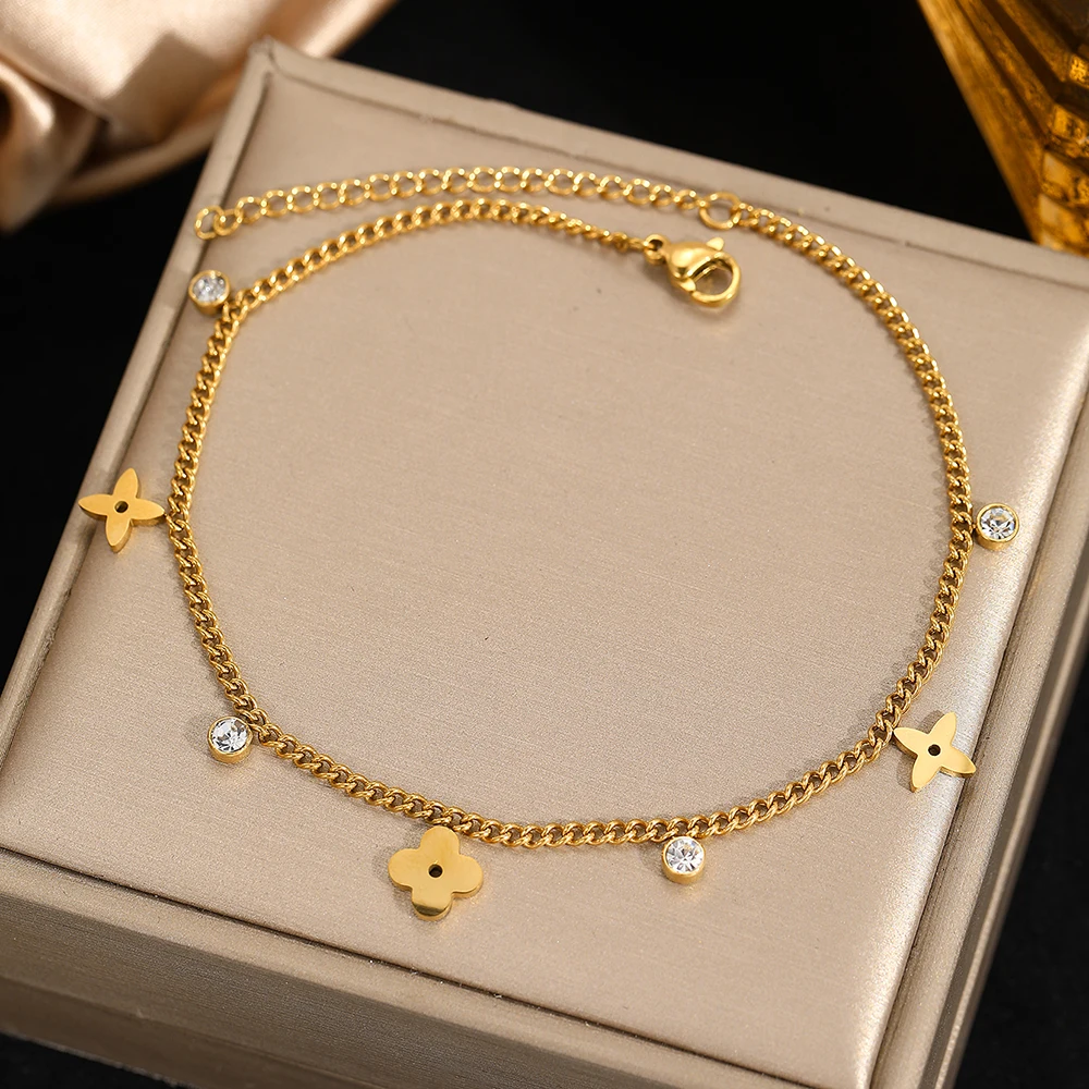 DGIDDK новый браслет из нержавеющей стали с четырьмя листами и цветком и кристаллами, женский простой модный индивидуальный дизайн, ювелирные изделия на щиколотке, подарки