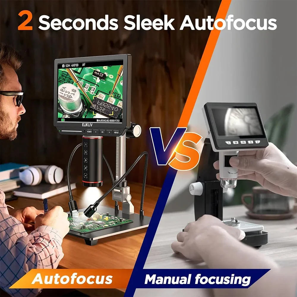 Elikliv EM4K-AF 4K Digital Microscope Autofocus 2000x 8" HDMI Soldering Microscope for Electronic Repair with 10" Stand 64G Card